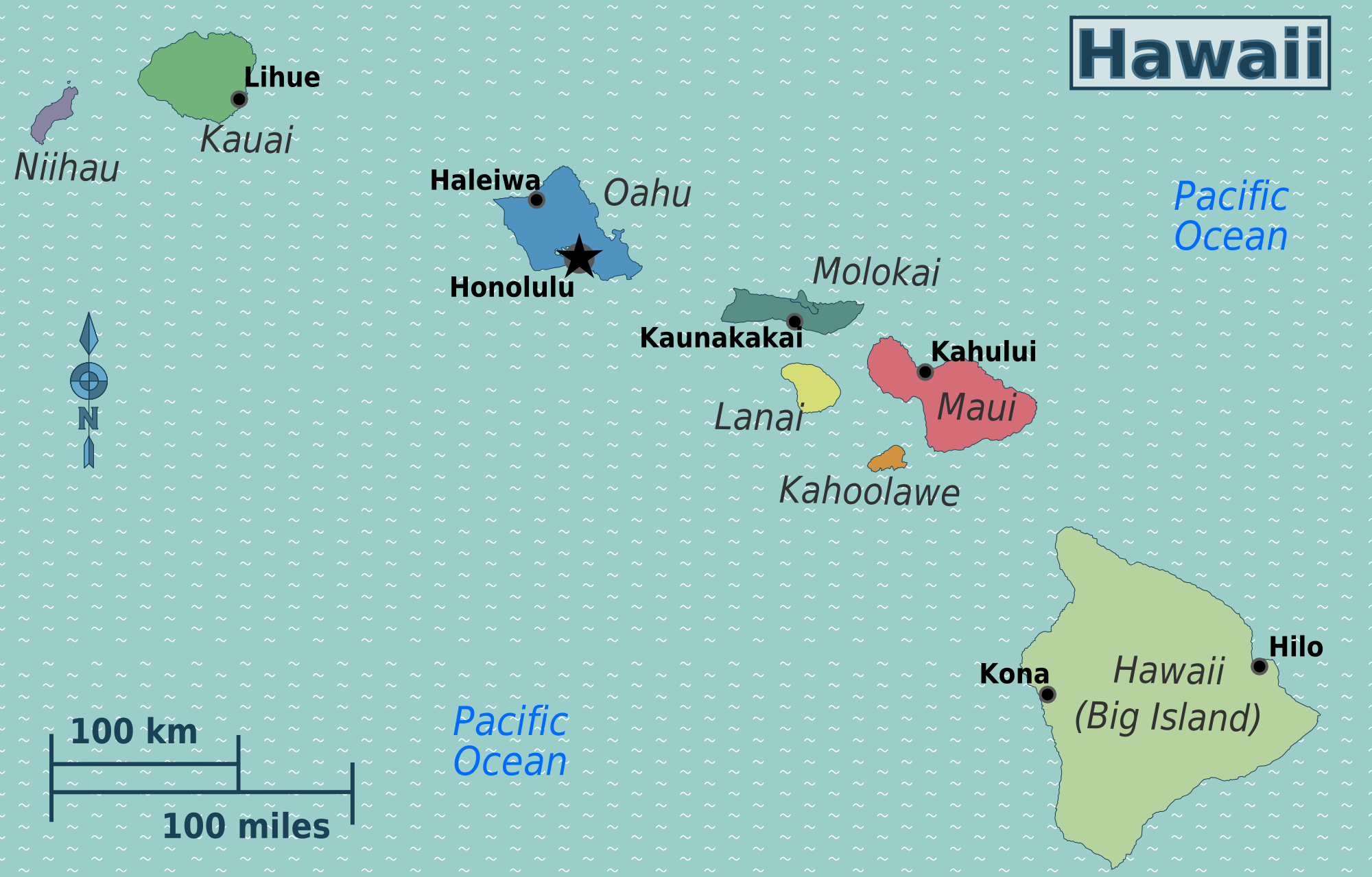 A picture of the Hawaiian Islands or a map of Hawaii.