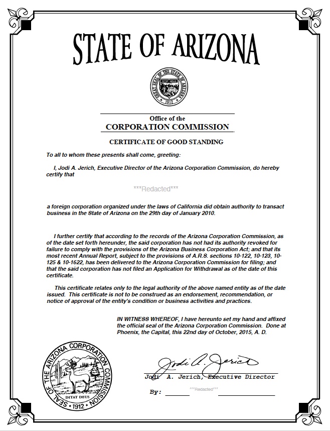 arizona certificate of formation