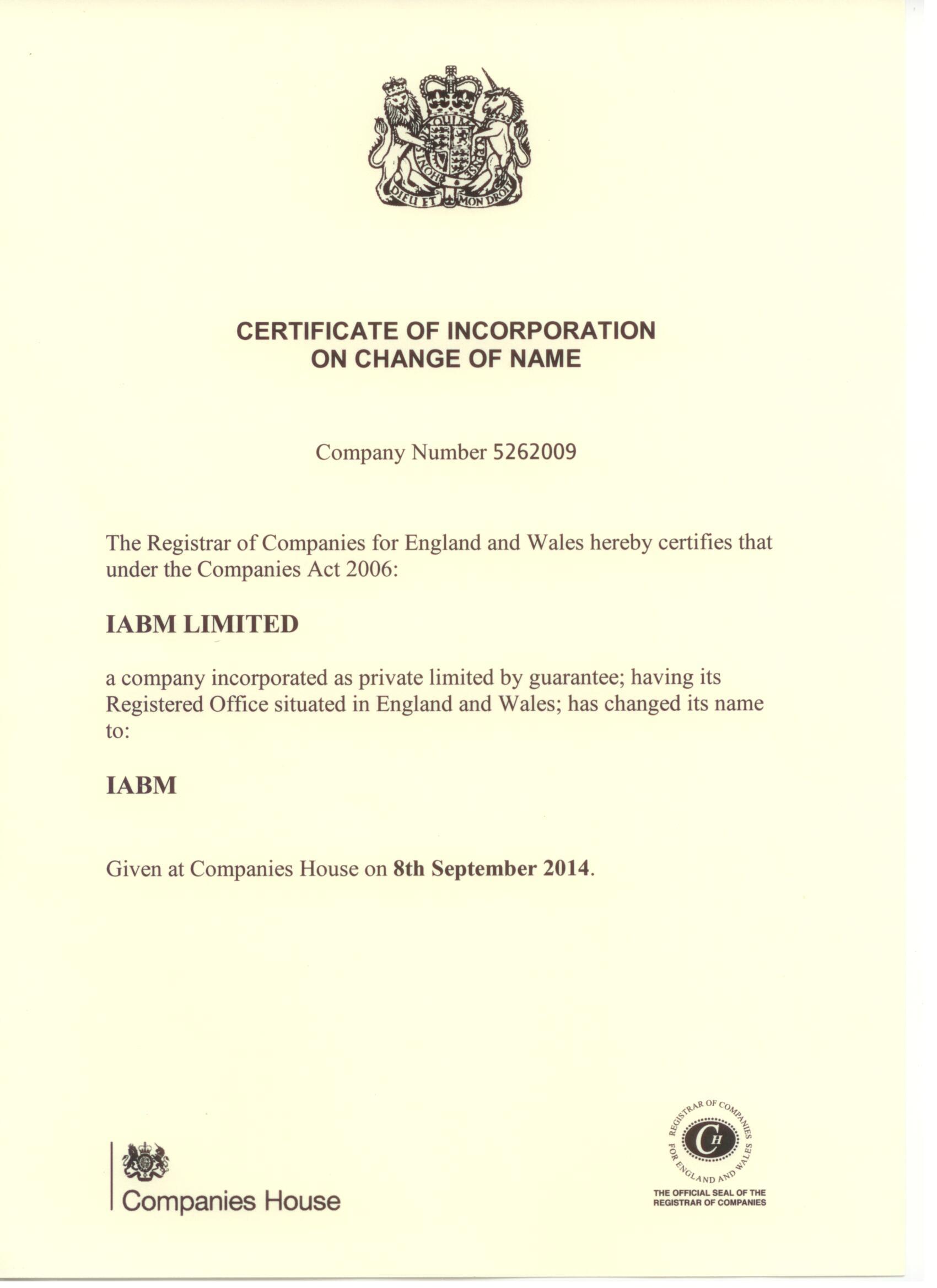 Certificate of incorporation document