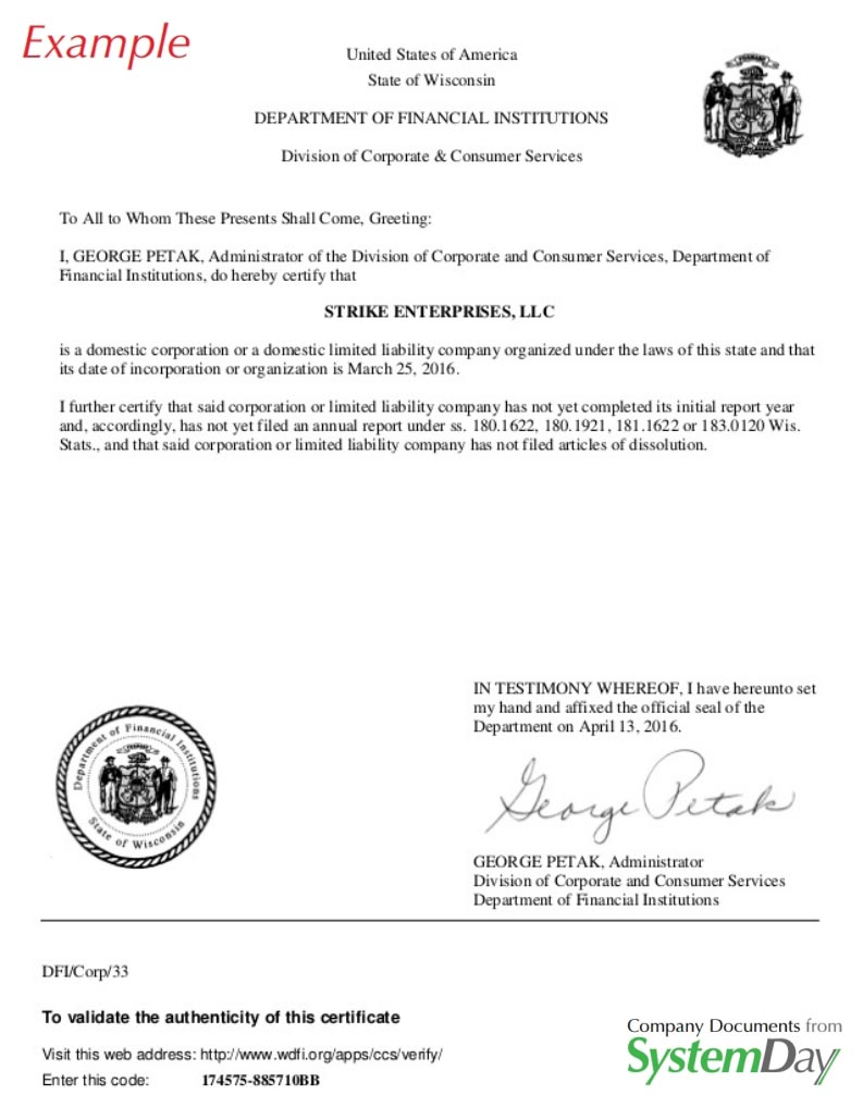 certificate of organization wisconsin