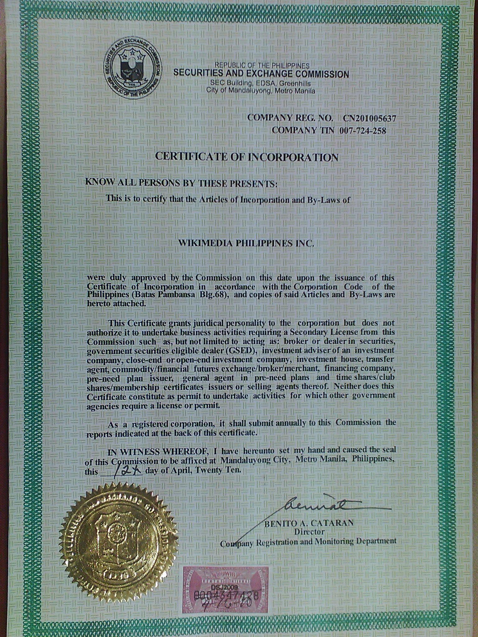 Image of a document with the title Articles of Incorporation