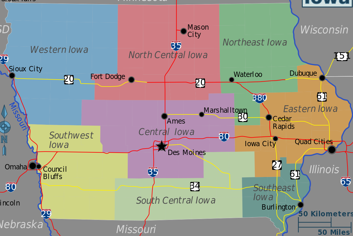 Iowa map with expanding arrows.