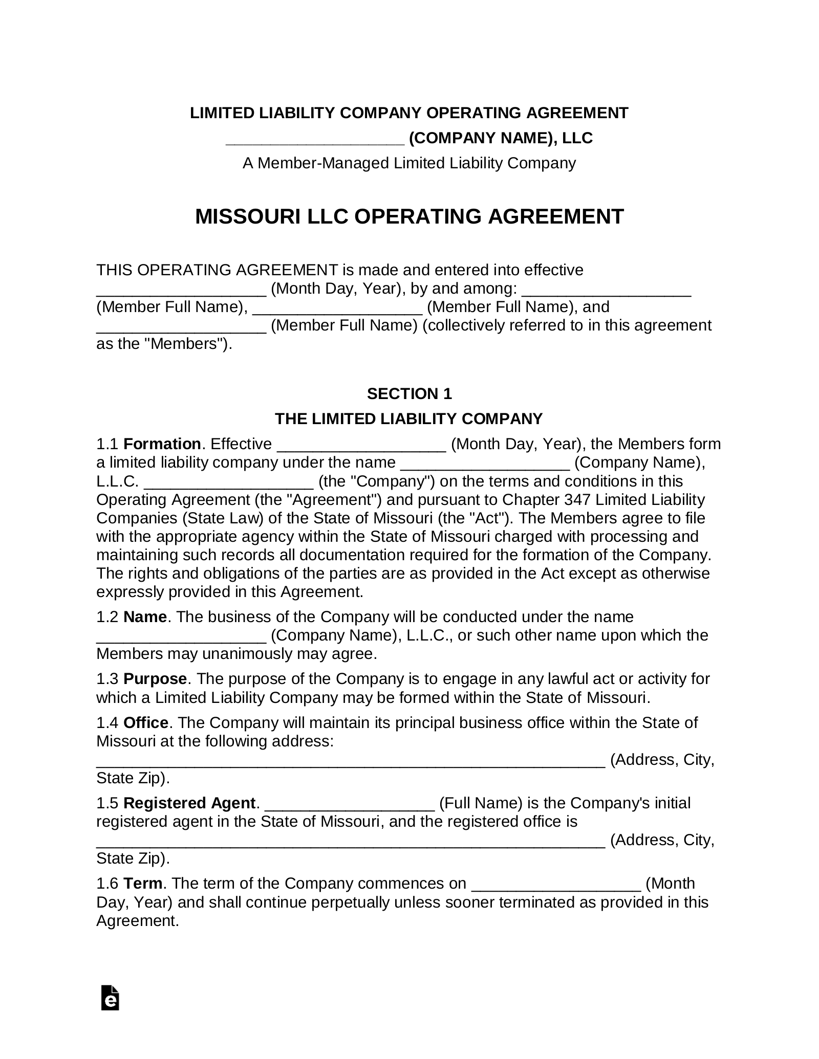 multi member llc operating agreement missouri