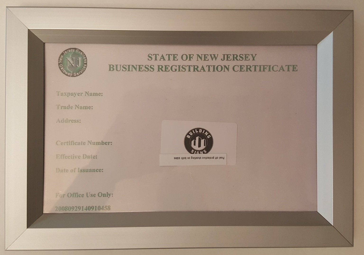 New Jersey Business Registration Certificate