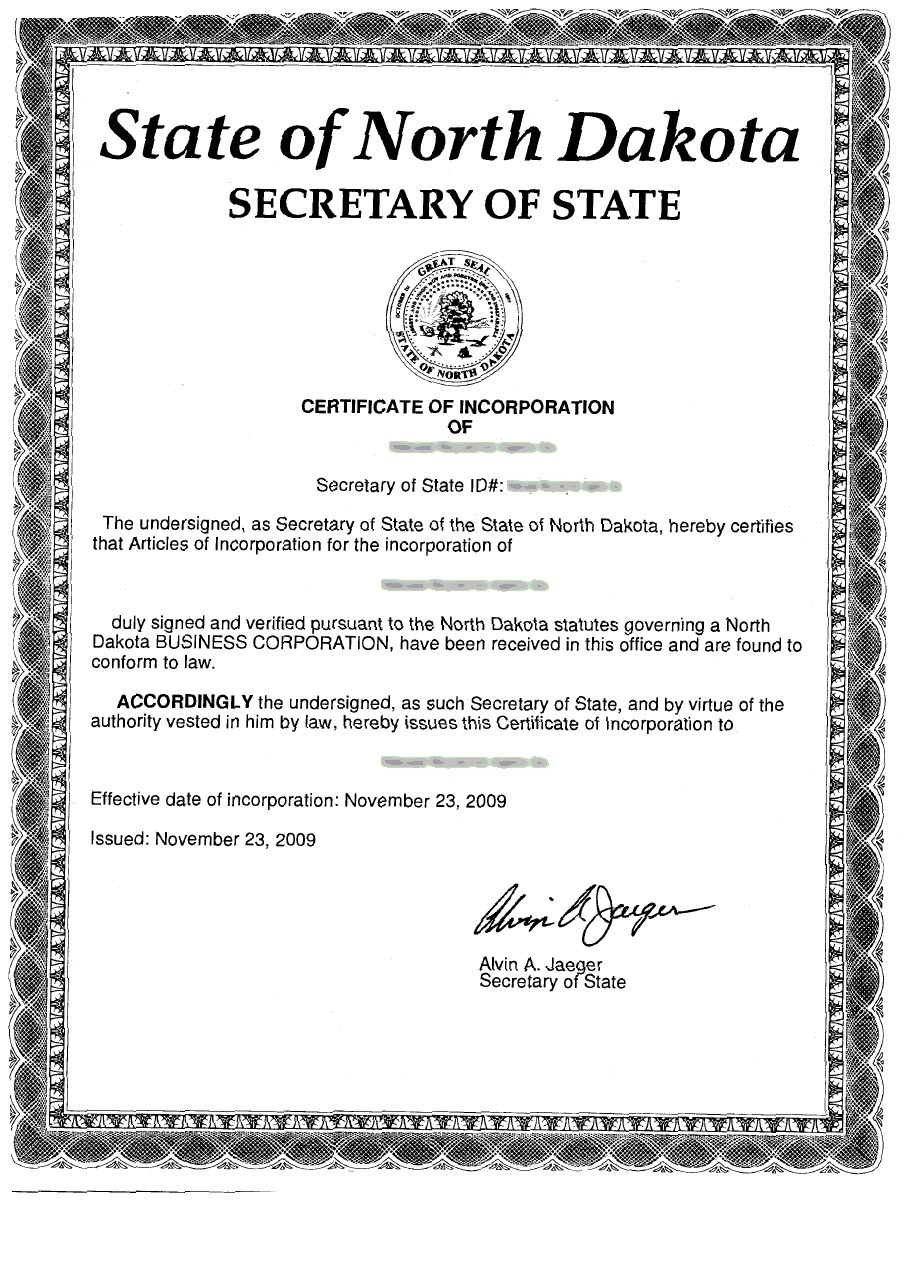 north dakota certificate of formation