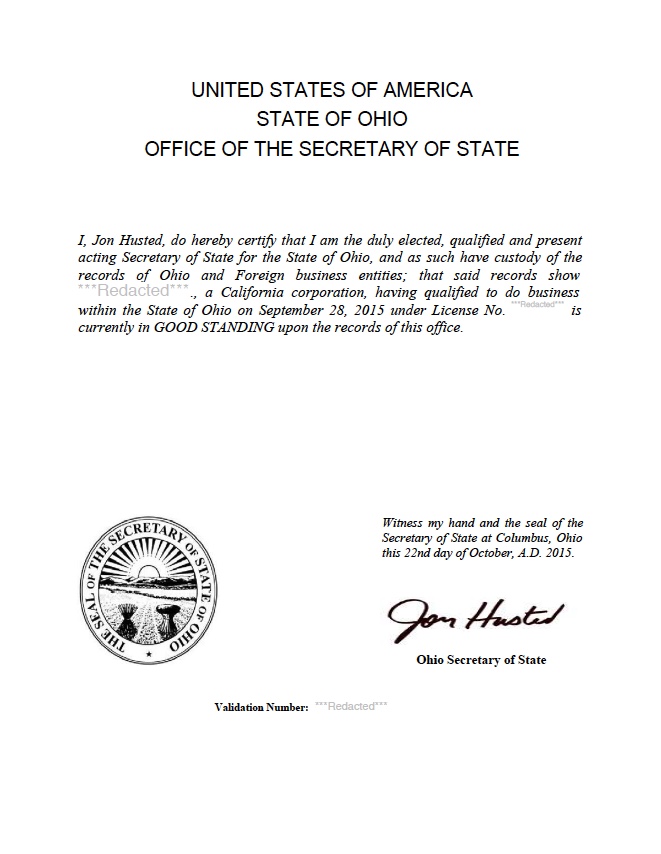 ohio certificate of authority
