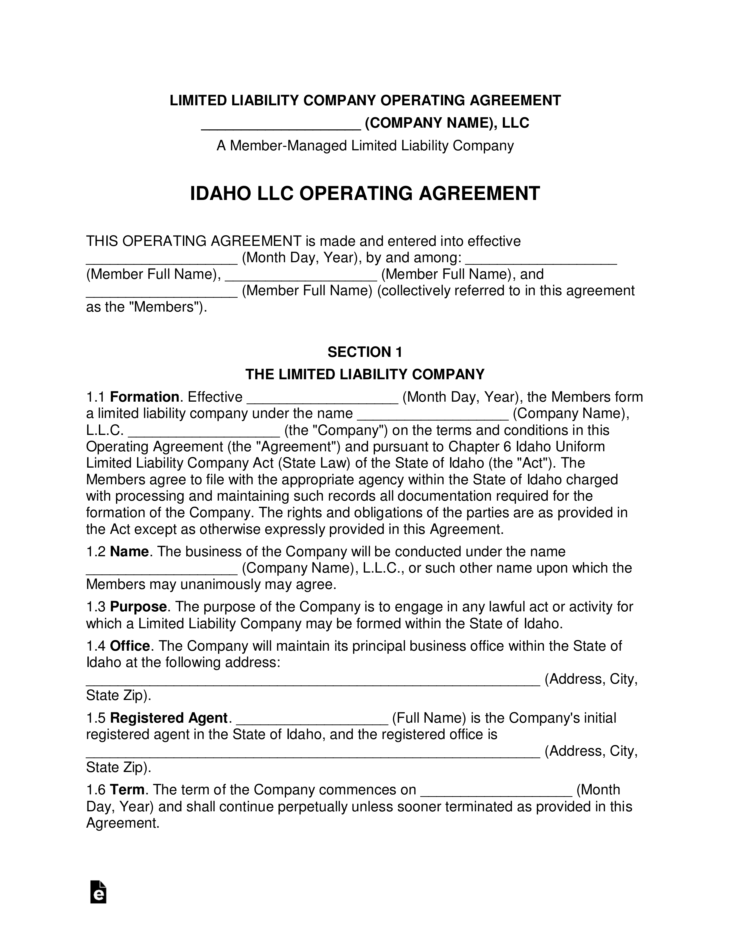 operating agreement llc idaho