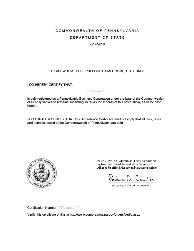 pennsylvania certificate of authority