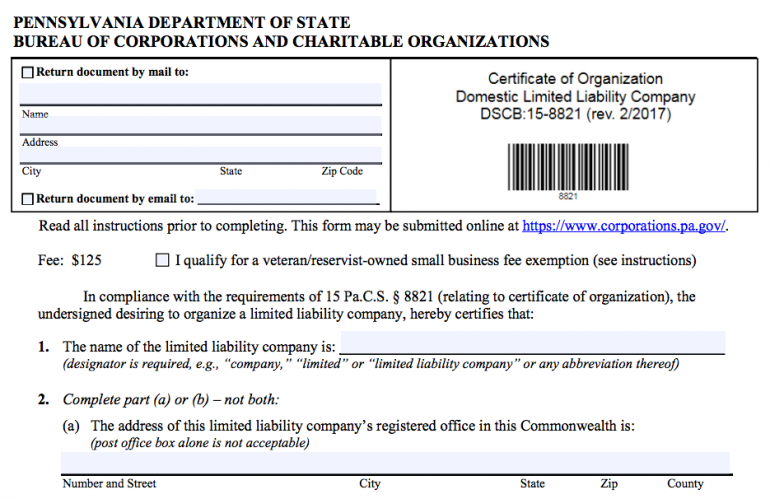 pennsylvania certificate of organization
