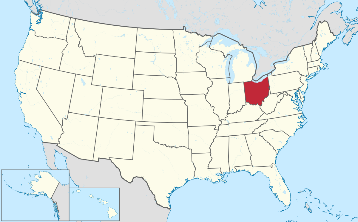 State map with highlighted Ohio and contact number
