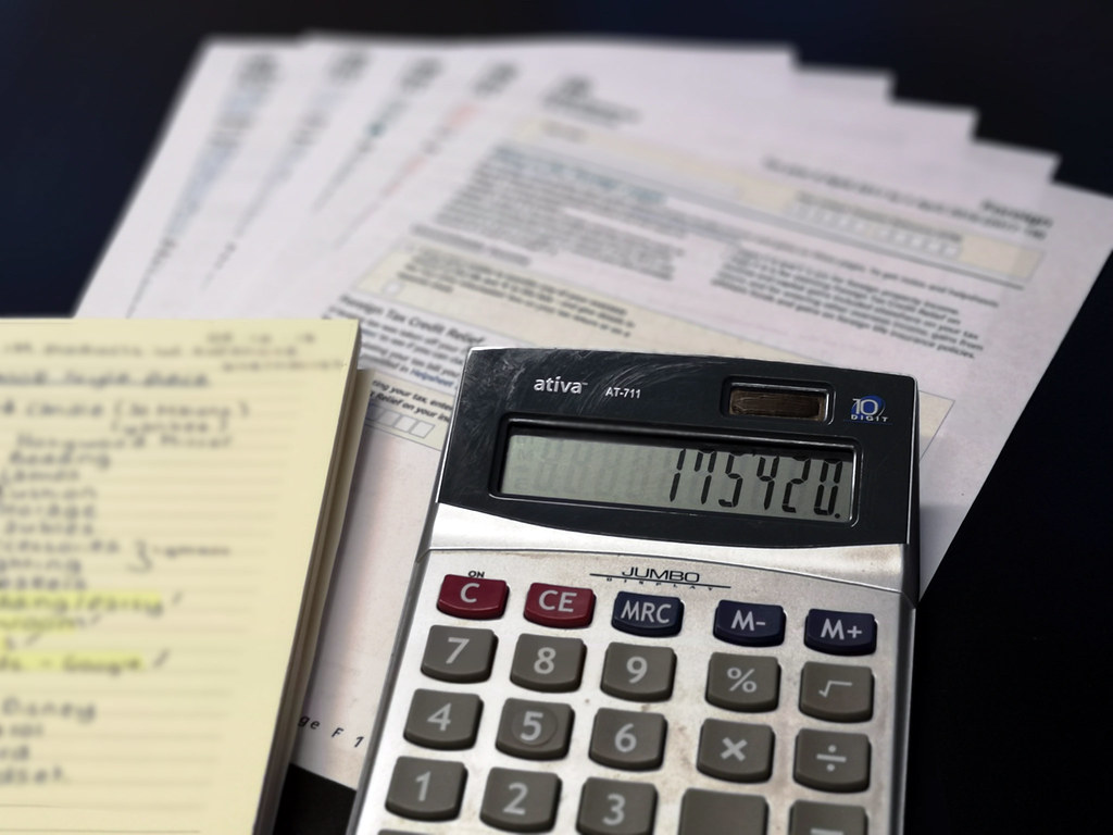 Tax forms and a calculator.