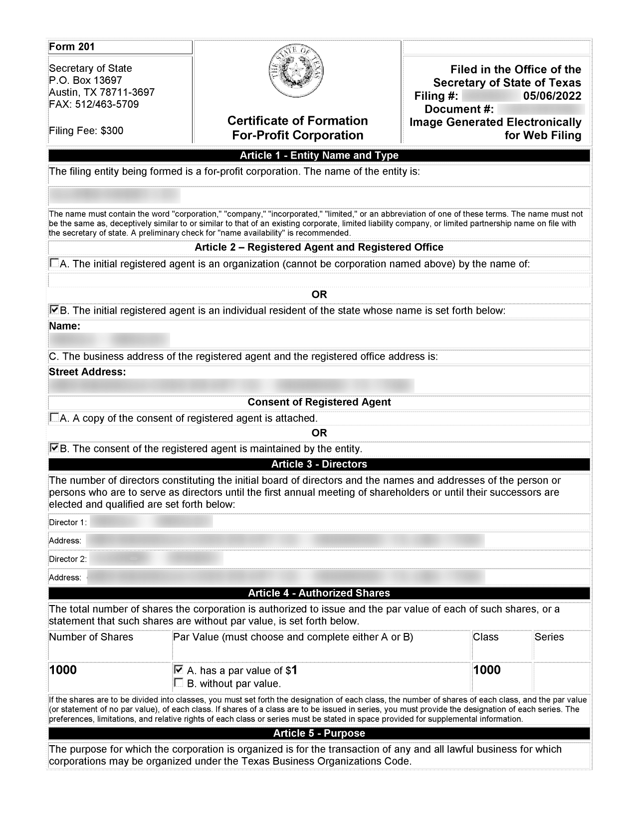 texas certificate of formation