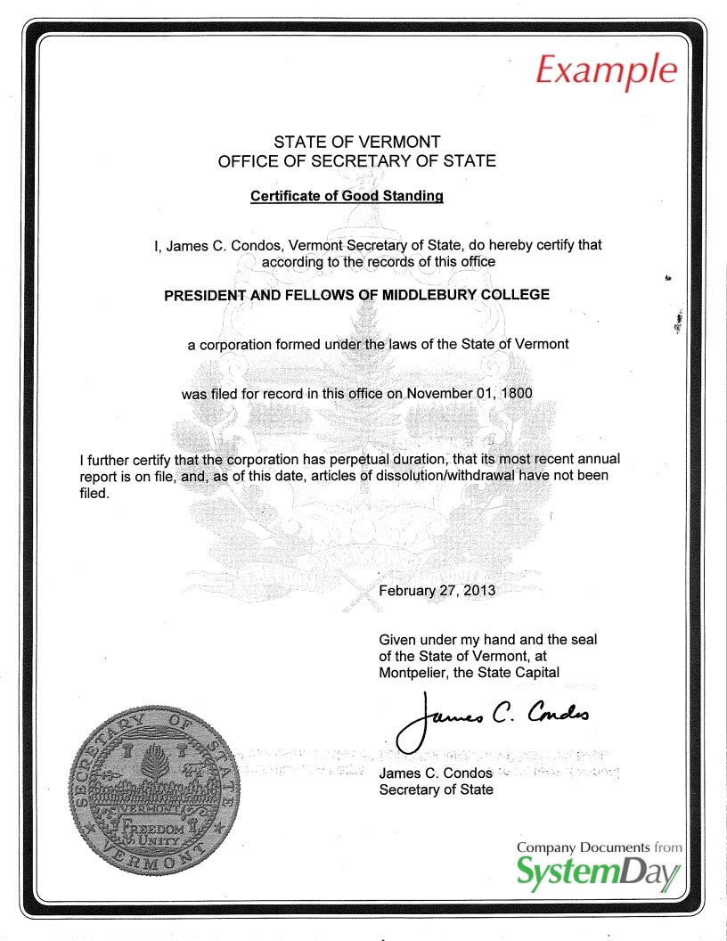 vermont certificate of authority
