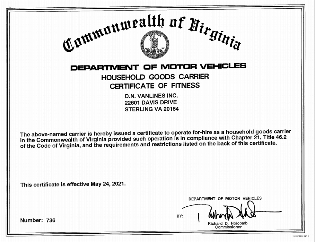 virginia certificate of authority